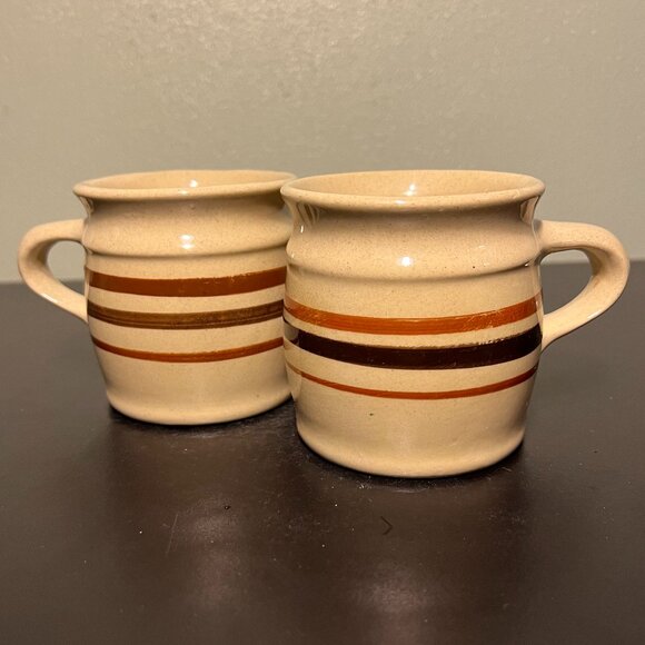 Two (2) Vintage HARTSTONE POTTERY Ohio Stoneware Factory Mugs ~ Tan w/ Stripes - Picture 1 of 11